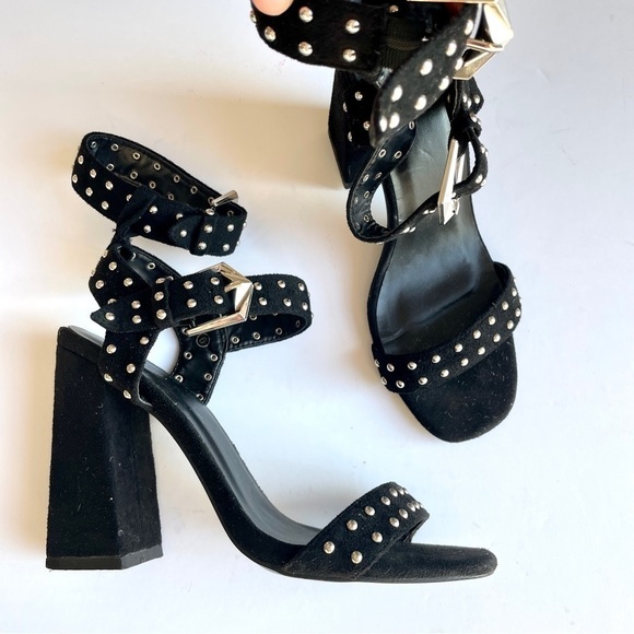 Pretty Little Things Black Studded Ankle Wrap Heels - Picture 1 of 9